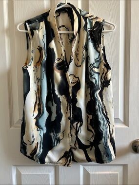 SHEIN Marble Print Sleeveless V-Neck Blouse - Black, Cream & Blue